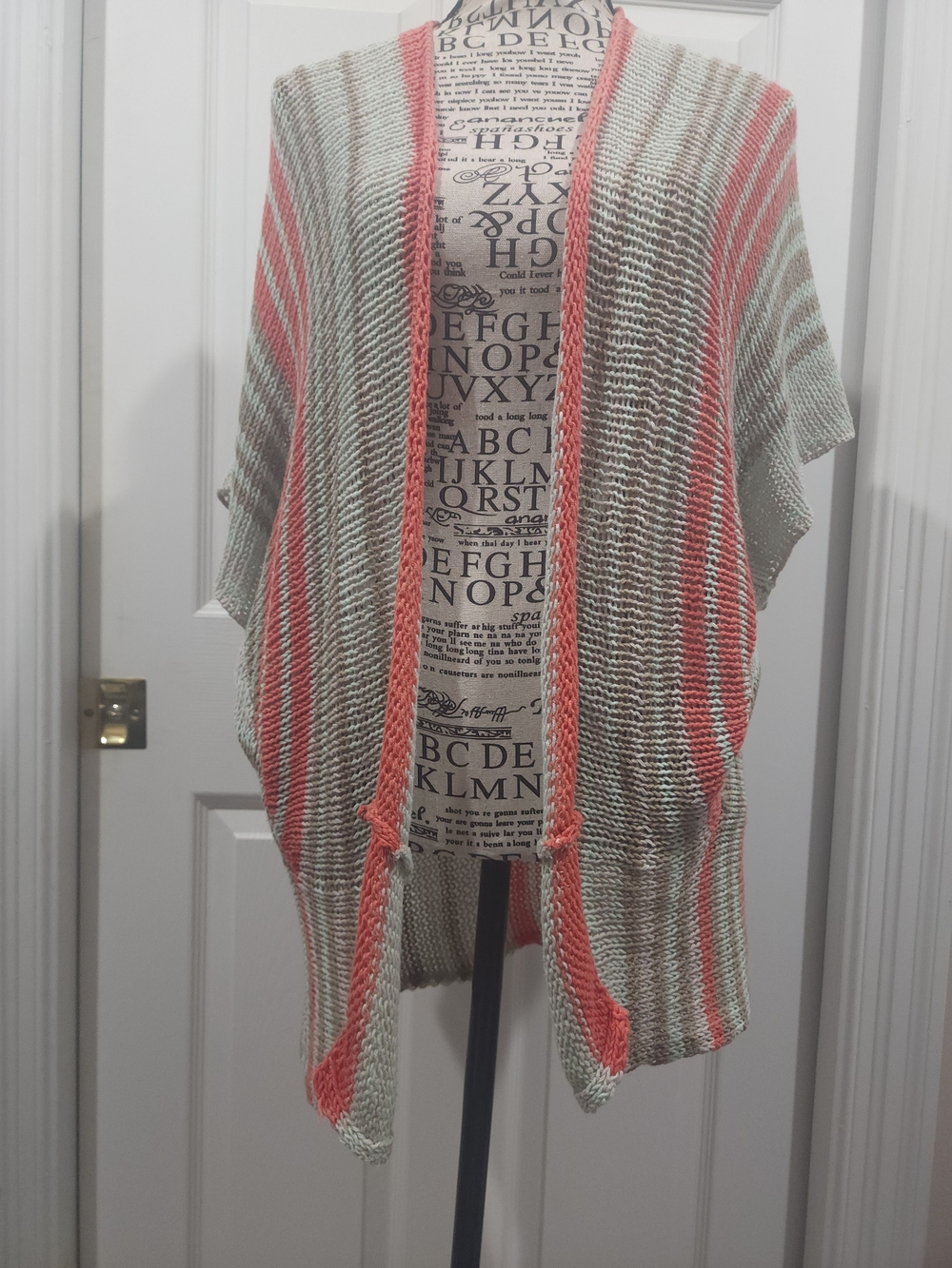 Wooden Ships Coral and Cream Striped Open-Front Knit Shrug